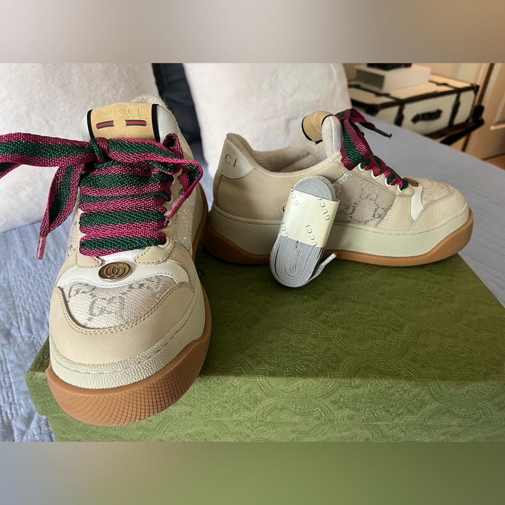 Women’s Gucci White GG Lame Canvas Screener Sneakers